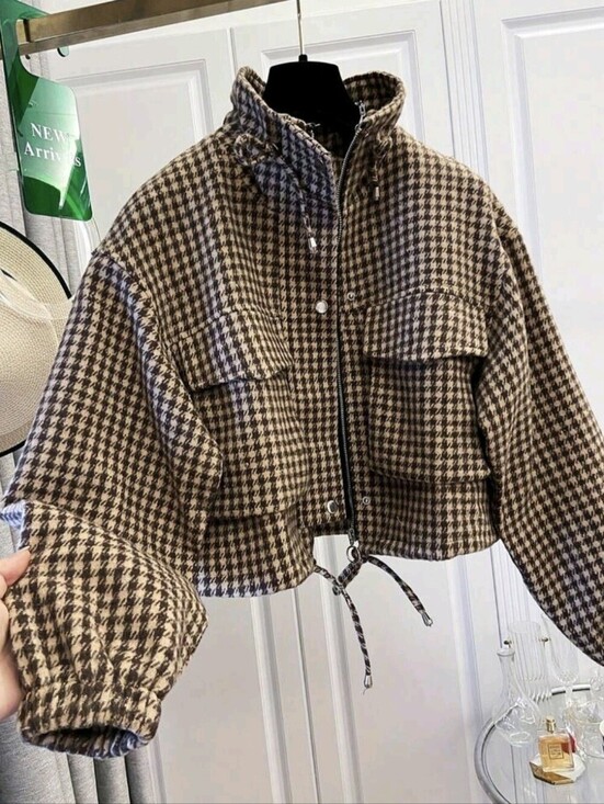 Jackets & Blazers - Women's Short Houndstooth Print Woven Jacket, Stand Collar Long Sleeve Zip Up